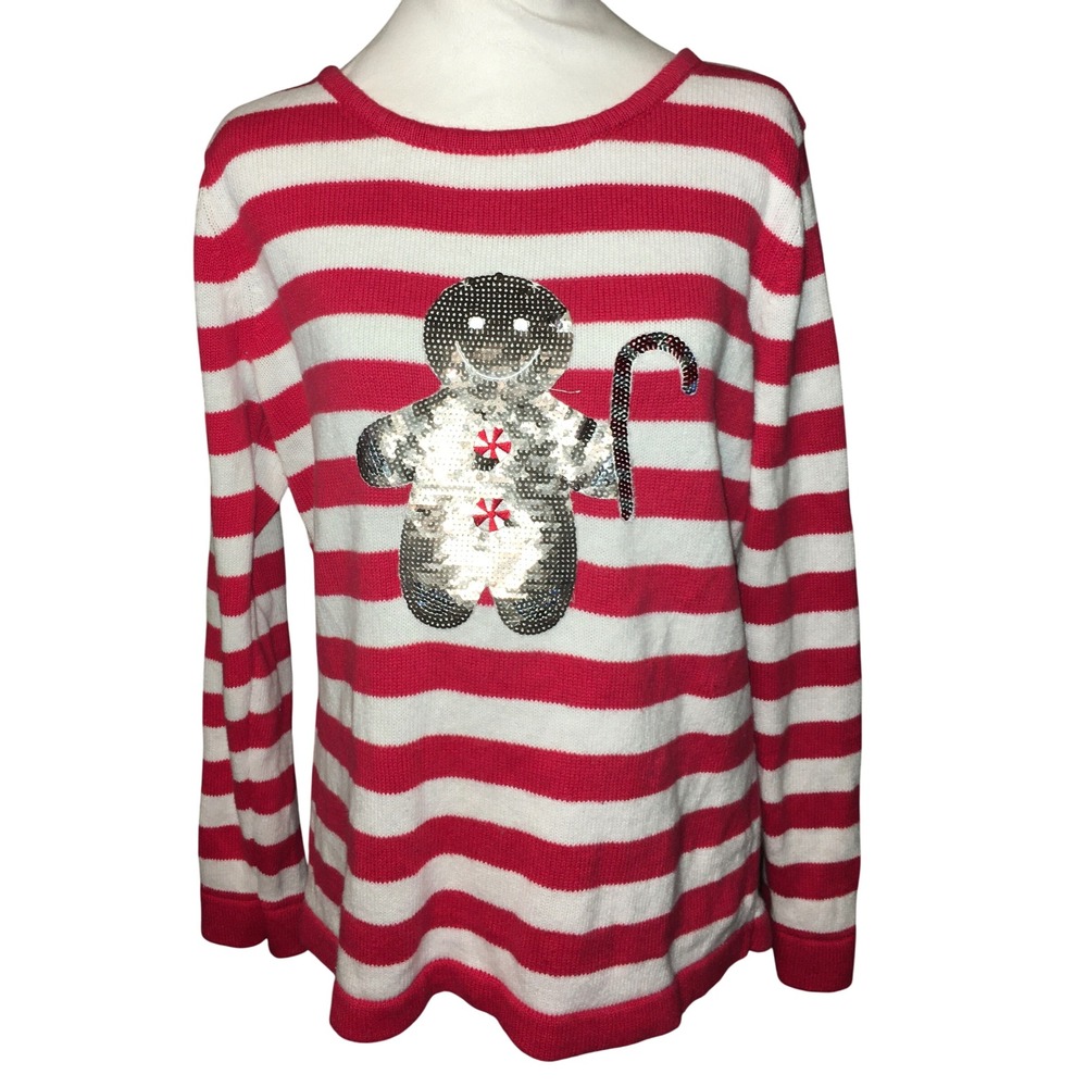 Nouveau Red White Striped Gingerbread Sequin Long Sleeve Sweater Top Women's L